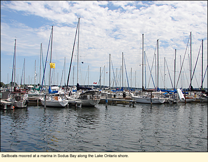 Sailboats moored at a marina in Sodus Bay along the Lake Ontario shore in the Finger lakes, New York, USA.