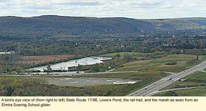 A bird's eye view of (from right ot left) State Route 17/86, Lowe's Pond, the rail trail, and the marsh as seen from an Elmira Soaring School glider.