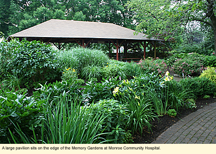 A large pavilion sits on the edge of the Memory Gardens at Monroe Community Hospital in Rochester, NY, USA.
