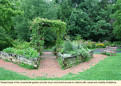 Raised beds of the ornamental garden at Beaver Lake Nature Center provide touch and smell access to visitors with visual and mobility limitations.