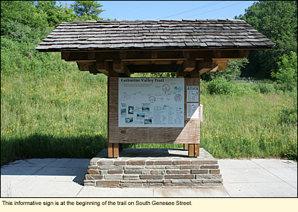 An informative sign at the beginning of the trail on South Genesee Street in the Town of Montour in the Finger Lakes, New York, USA.