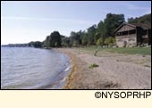 The beach at Cayuga Lake State Park in Seneca County in the Finger Lakes Region, New York USA.