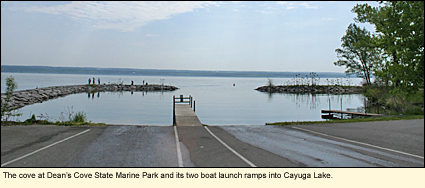 The cove at Dean's Cove State Marine Park and its two boat launch ramps into Cayuga Lake in the Finger Lakes, New York, USA.