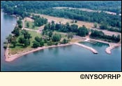An aerial view of Long Point State Park on Cayuga Lake in Cayuga County in the Finger Lakes Region, New York USA.