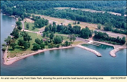 An ariel view of Long Point State Park, showing the point and the boat launch and docking area.