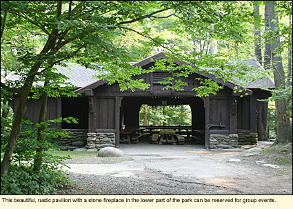 This beautiful, rustic pavilion with stone fireplace in the lower part of Stony Brook State Park can be reserved for group events.