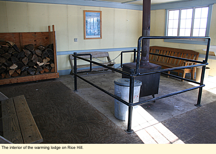 The interior of the warming lodge on Rice Hill in Taughannock Falls State Park.