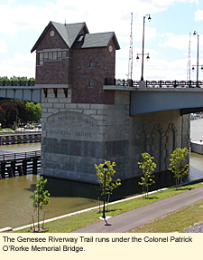 The Genesee Riverway Trail runs under the Colonel Patrick O'Rorke Memorial Bridge.