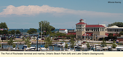 The Port of Rochester terminal and marina, Ontario Beach Park (left) and Lake Ontario (background).
