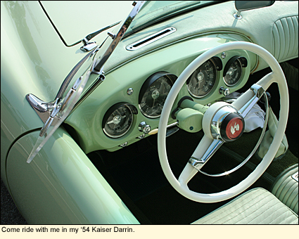 The interior of a light green 1954 Kaiser Darrin owned by a collector in the Finger Lakes, New York