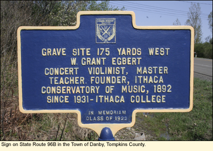 Roadside historic marker concerning the grave site of violinist W. Grant Egbert in Danby, New York