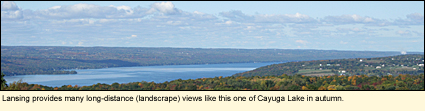 Lansing provides many lovely long-distance views (landscapes) like this one of Cayuga Lake in autumn.