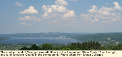 Cayuga Lake, the City of Ithaca, and Tompkins County in the Finger Lakes, New York USA