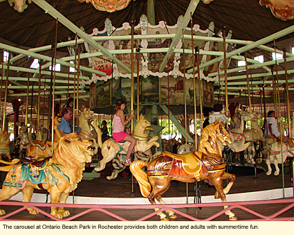 The carousel at Ontario Beach Park in Rochester, New York provides both children and adults with summertime fun.