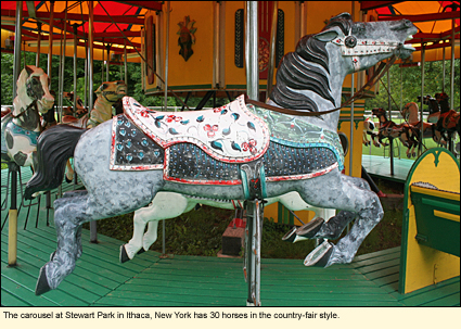 The carousel at Stewart Park in Ithaca, New York has 30 horses in the country-fair style.