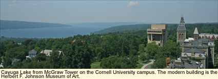 View of the southern end of Cayuga Lake and the city of Ithaca, New York (USA) from McGraw Tower on the Cornell University campus.