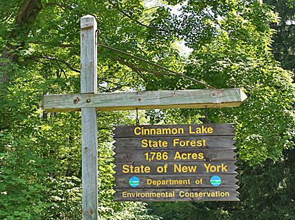 The Cinnamon Lake State Forest sign.