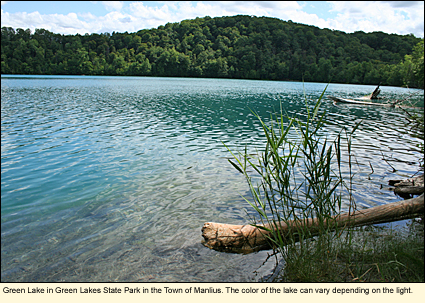 Green Lake in Green Lakes State Park in the Town of Manlius. The color of the lake can vary depending on the light.