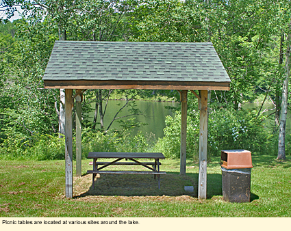 Picnic tables are located at various sites around the lake.