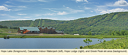 Hope Lake in Virgil, New York, USA (foreground), Cascades Indoor Waterpark (left), Hope Lodge (right), and Greek Peak ski area (background).
