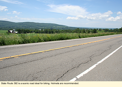 State Route 393 in Cortland County, New York, USA, is a scenic road ideal for biking. Helmets are recommended.