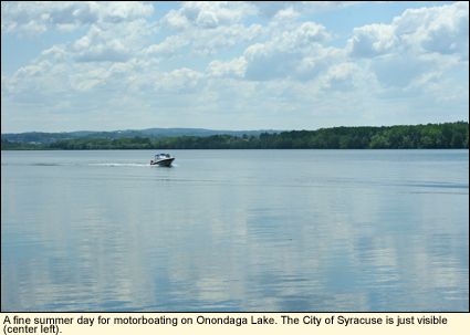 A fine summer day for motorboating on Onondaga Lake in the Finger Lakes, New York USA. 