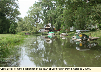 A view of Grout Brook from the boat launch at the Town of Scott Family park in Cortland County. Grout Brook is the inlet to Skaneateles Lake in the Finger Lakes, New York USA.