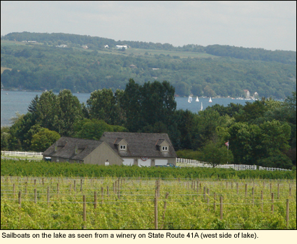 Sailboats on Skaneateles Lake as seen from a winery on State Rout 41A. Skaneateles Lake is in the Finger Lakes, New York USA.