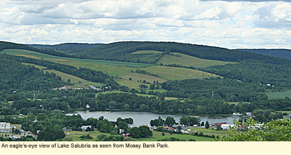 An eagle's-eye view of Lake Salubria in bath, New York as seen from Mossy Bank Park.