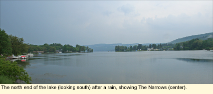 The north end of Otisco Lake (looking south) after a rain, showing The Narrows. Otisco Lake is in the Finger Lakes, New York USA.