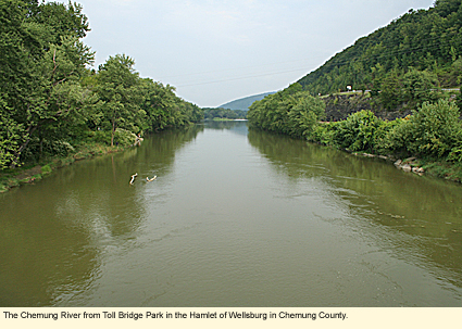 The Chemung River from Too Bridge Park in the Hamlet of Wellsburg in Chemung County, New York, USA.