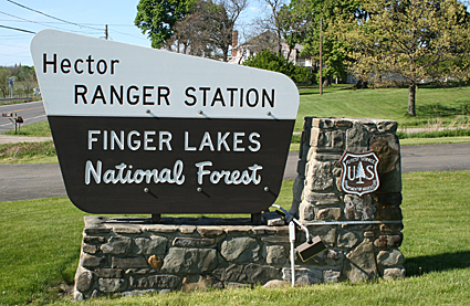 Sign for the Hector Ranger Station of the Finger Lakes National Forest in the Finger Lakes region of New York, USA.