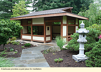 A teahouse provides a quiet place for meditation at the Memory Gardens at Monroe Community Hospital in Rochester, NY, USA.