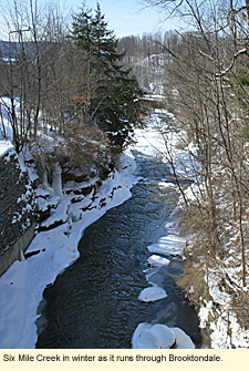 Six Mile Creek in winter as it runs through Brooktondale, New York, USA.