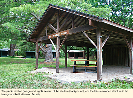 Picnic pavilion, sleeping shelters and toilets at Beechwood State Park in Sodus, New York, USA.