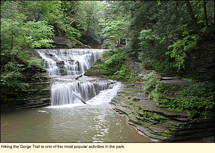 Hiking the Gorge Trail is one of the most popular activities in Buttermilk Falls State Park in the Finger Lakes, New York, USA.