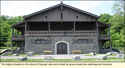 The lodge is located on the shore of Cayuga Lake and is ideal for group events like weddings and reunions.