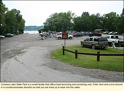 Conesus Lake State Park is a small facility that offers boat launching and picnicking only. Enter here and curve around in a counterclockwise direction so that you are lined up to back into the water.