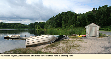 Rowboats, kayaks, paddleboats, and bikes can be rented here at Sterling Pond.