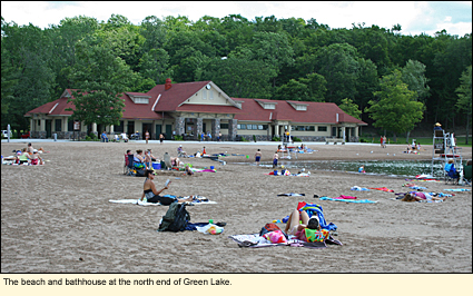 The beach and bathhouse at the north end of Green Lake in Green Lake State Park