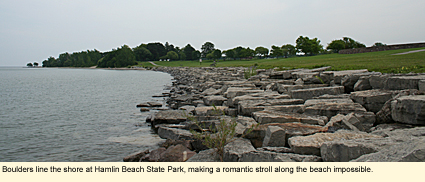 Boulders line the shore at Hamlin Beach State Park, making a romantic stroll along the beach impossible.