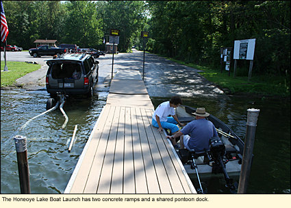 The Honeoye Lake Boat Launch has two concrete ramps and a shared pontoon dock.