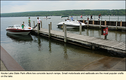 Keuka Lake State Park offers two concrete launch ramps. Small motorboats and sailboats are the most popular crafts on the lake.