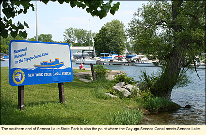 The southern end of Seneca Lake State Park is also the point where the Cayuga-Seneca Canal meets Seneca Lake.