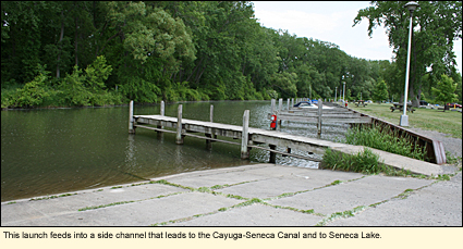 This launch feeds into a side channel that leads to the Cayuga-Senecal Canal and to Seneca Lake.