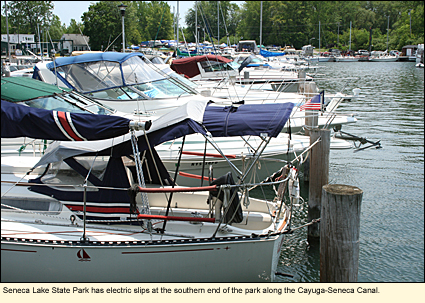 Seneca Lake State Park has electric slips at the southern end of the park along the Cayuga-Seneca Canal.