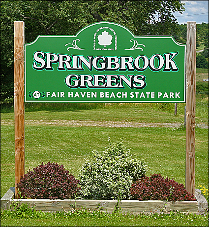 The sign at Springbrook Greens State Golf Course, part of Fair Haven Beach State Park in Fair Haven, New York.