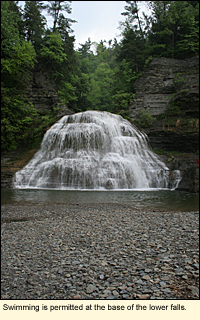 Swimming is permitted at the base of the lower falls in Robert H. Treman State Park in the Finger Lakes, New York, USA.