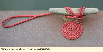 A lone cord waits for a boat at the Allan H. Treman Marine State Park in the Finger Lakes, New York, USA.