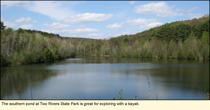 The southern pond at Two Rivers State Park in Waverly, New York is great for exploring with a kayak.